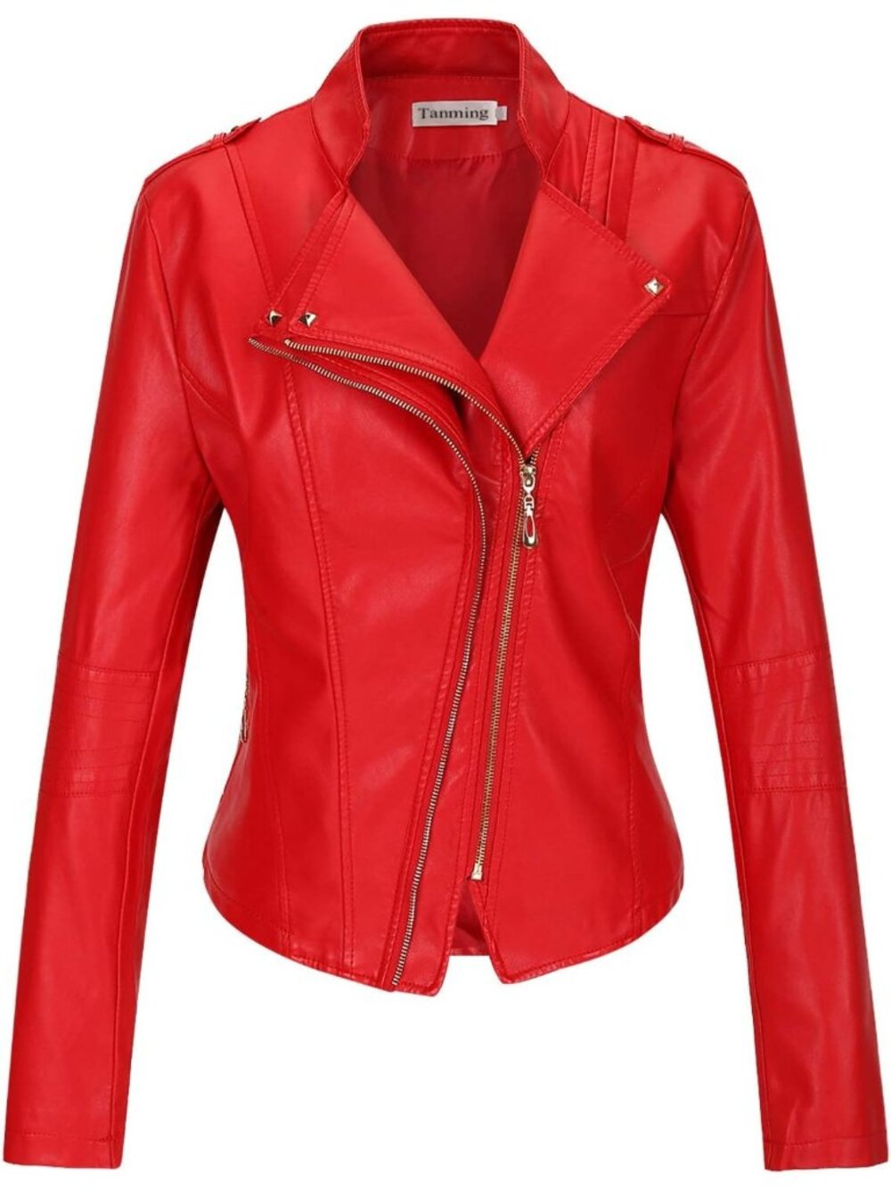 Women Dark Red Faux Leather Moto Biker Jacket Slim Fit Zip Up Casual Short Coat